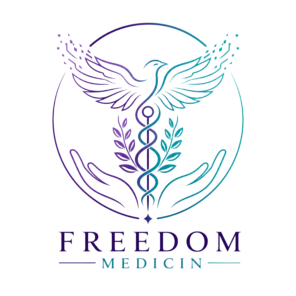 Freedom Medicin logo: a dove rising from open hands around a laurel-wrapped staff